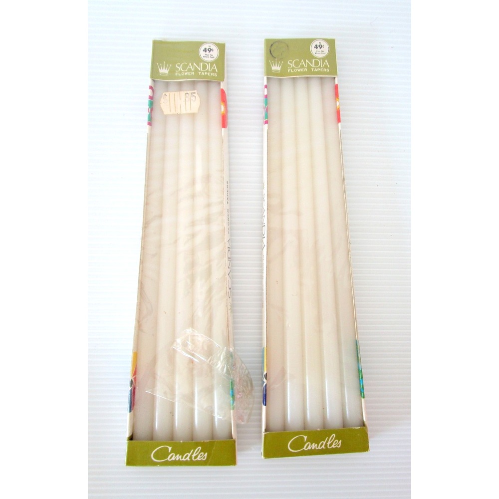 SCANDIA Vintage Flower Taper Candles 10" Slim White 2 Boxes 1967 New Old Stock